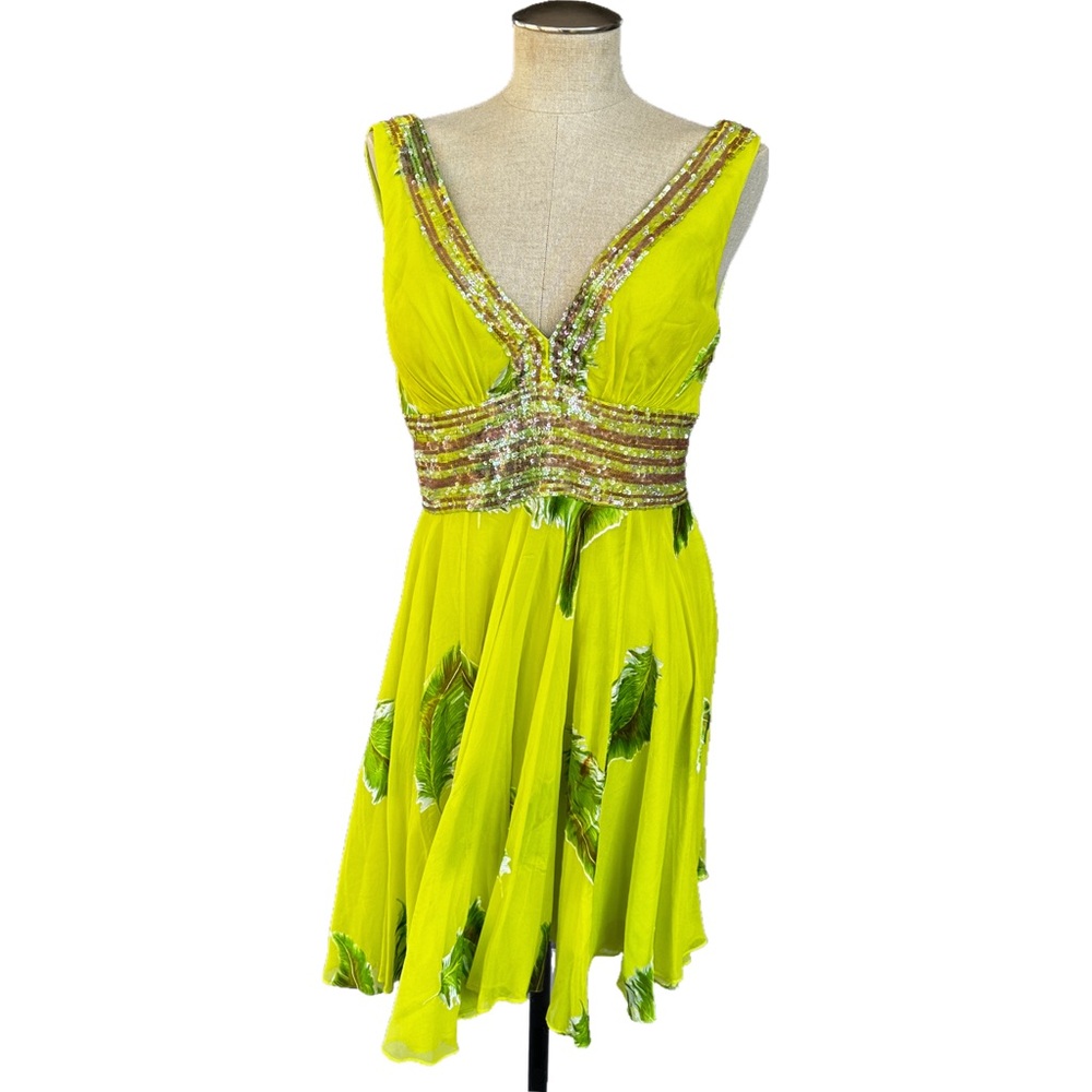 Basix II 100% Silk Beaded Sequins Sleeveless V-Neck Mini Lined Dress Lime US12 L - Picture 5 of 6